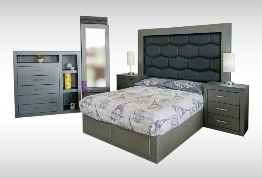 CABECERA, DOS BURÓS Y CÓMODA CON LUNA FRANCIA PLATINO