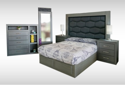 CABECERA, DOS BURÓS Y CÓMODA CON LUNA FRANCIA PLATINO