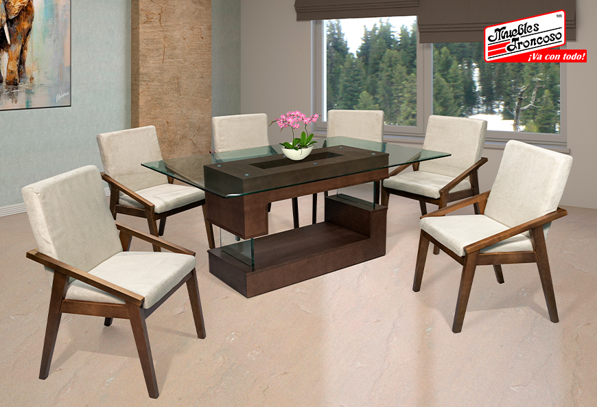 ANTECOMEDOR VERSALLES NOGAL CON 6 SILLAS DOMANI ALPHA LATTE