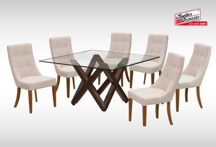 ANTECOMEDOR ENZO NOGAL CON 6 SILLAS ESPARTA MAGIT BEIGE