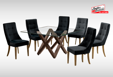 ANTECOMEDOR ENZO NOGAL CON 6  SILLAS ESPARTA VENUS BLACK