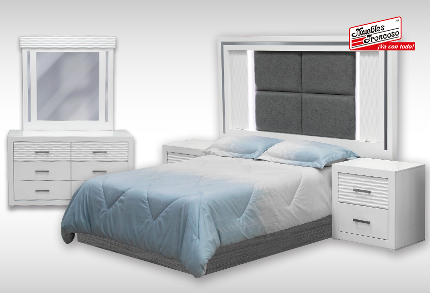 CABECERA, DOS BURÓS Y CÓMODA CON LUNA LUSAIL BLANCA