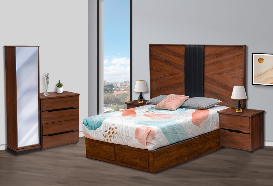 CABECERA, DOS BURÓS Y CÓMODA CON LUNA MALLORY