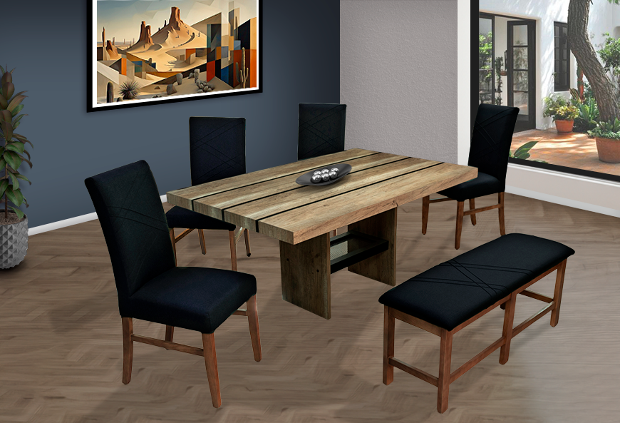 ANTECOMEDOR PEPPER RECT CON 4 SILLAS Y BANCA RUSSEL CHARCOAL