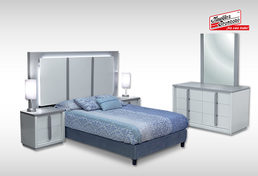 CABECERA, DOS BURÓS Y CÓMODA CON LUNA MAE GRIS/TULE WHITE