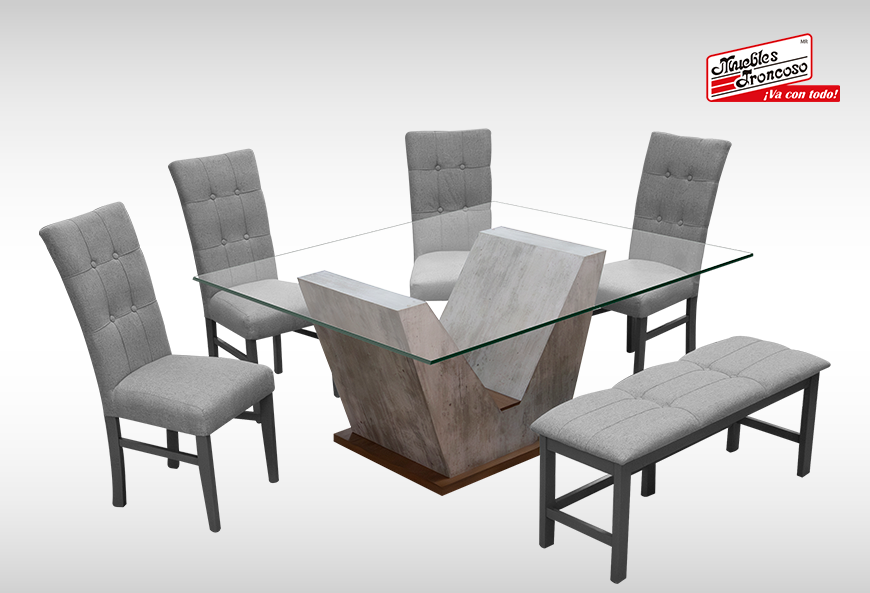 ANTECOMEDOR DAKAR CON 4 SILLAS Y BANCA DORIAN MAGIT PLATA