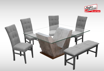 ANTECOMEDOR DAKAR CON 4 SILLAS Y BANCA DORIAN MAGIT PLATA