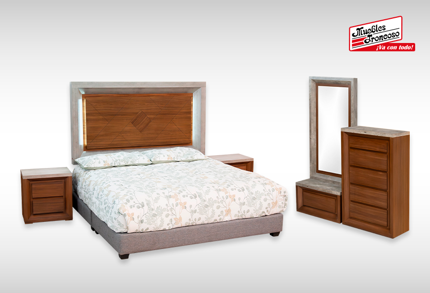 CABECERA, DOS BURÓS Y CÓMODA CON LUNA ARABIA II NOGAL CONCRETO