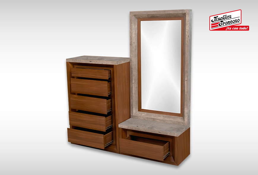 CABECERA, DOS BURÓS Y CÓMODA CON LUNA ARABIA II NOGAL CONCRETO