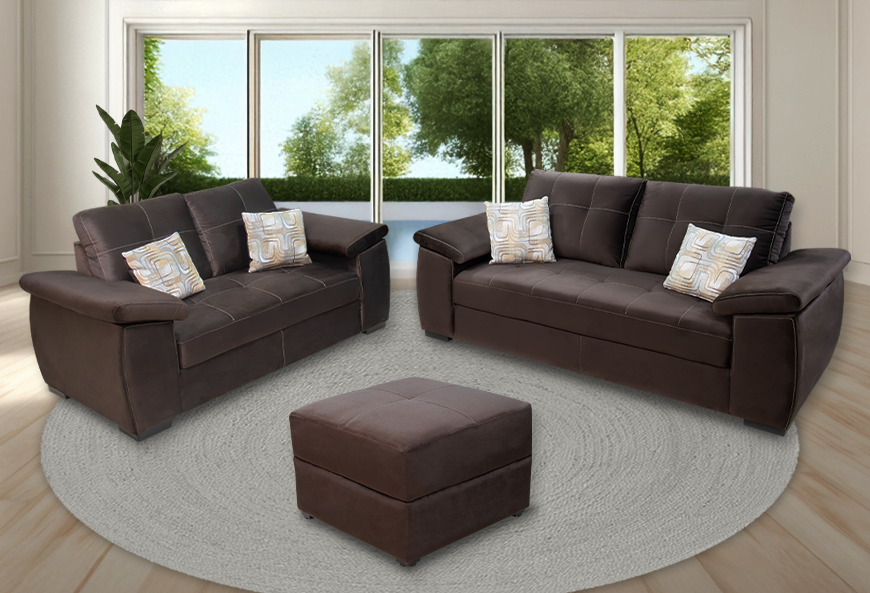 SALA LONDON ALANIA COCOA  SOFÁ Y LOVE SEAT CON TABURETE