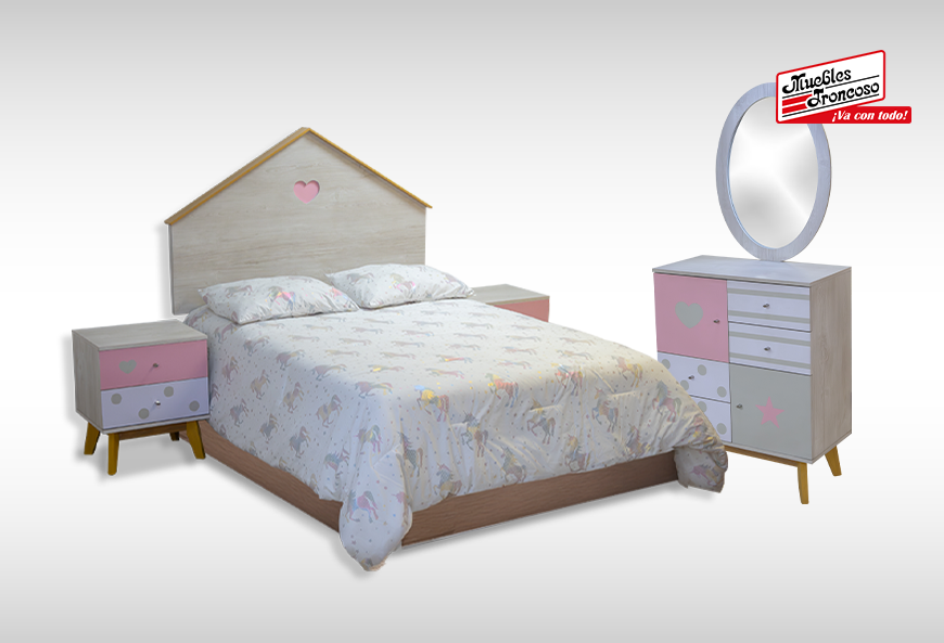 CABECERA, 2 BURÓS Y CÓMODA CON LUNA LULA RUSTI PASTEL