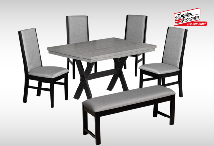 ANTECOMEDOR SILVER GRIS C/4 SILLAS Y BANCA ARGELIA MICHELLE MOUSE PTA/NEGRA