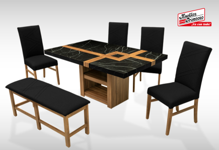 ANTECOMEDOR PARISH RECTANGULAR CON 4 SILLAS Y BANCA RUSSEL CHARCOAL