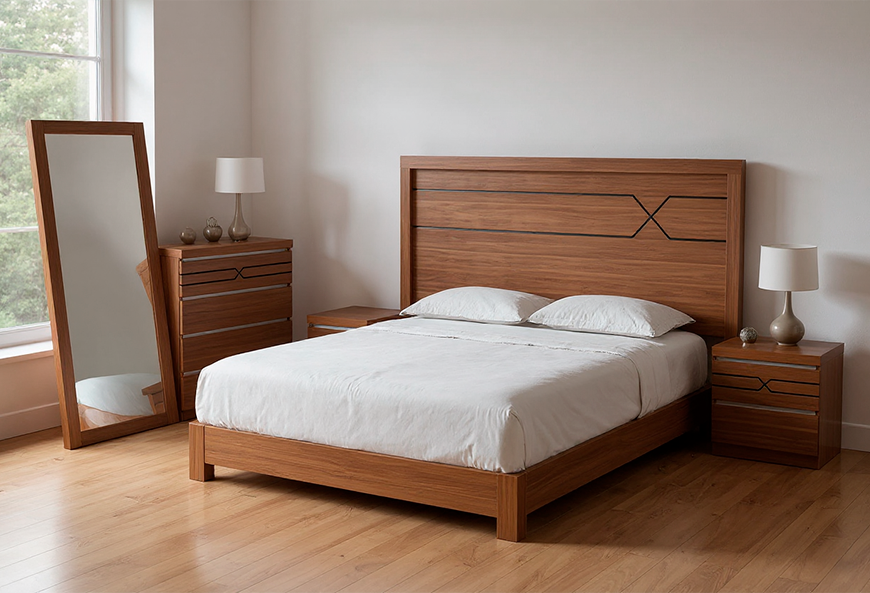 CABECERA, DOS BURÓS Y CÓMODA CON LUNA NICOLE WALNUT