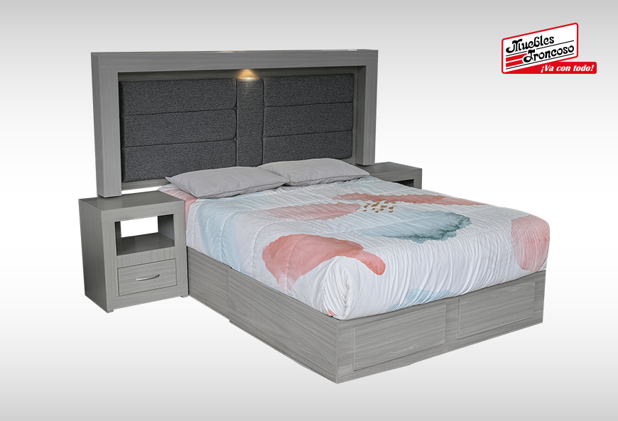 CABECERA, 2 BURÓS Y CÓMODA CON LUNA MÓNACO GRIS