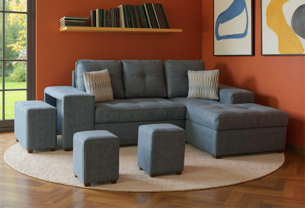 SALA ZAIRA GRIS CON TABURETES