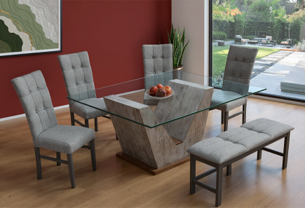 ANTECOMEDOR DAKAR CON 4 SILLAS Y BANCA DORIAN MAGIT PLATA