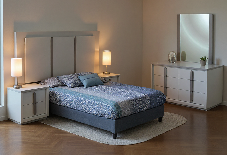 CABECERA, DOS BURÓS Y CÓMODA CON LUNA MAE GRIS/TULE WHITE