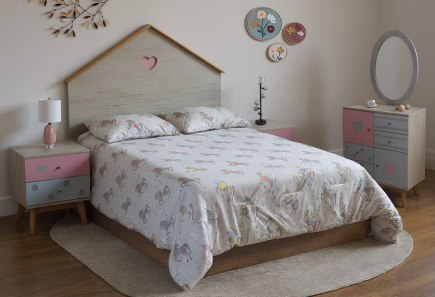 CABECERA, DOS BURÓS Y CÓMODA CON LUNA LULA RUSTI PASTEL