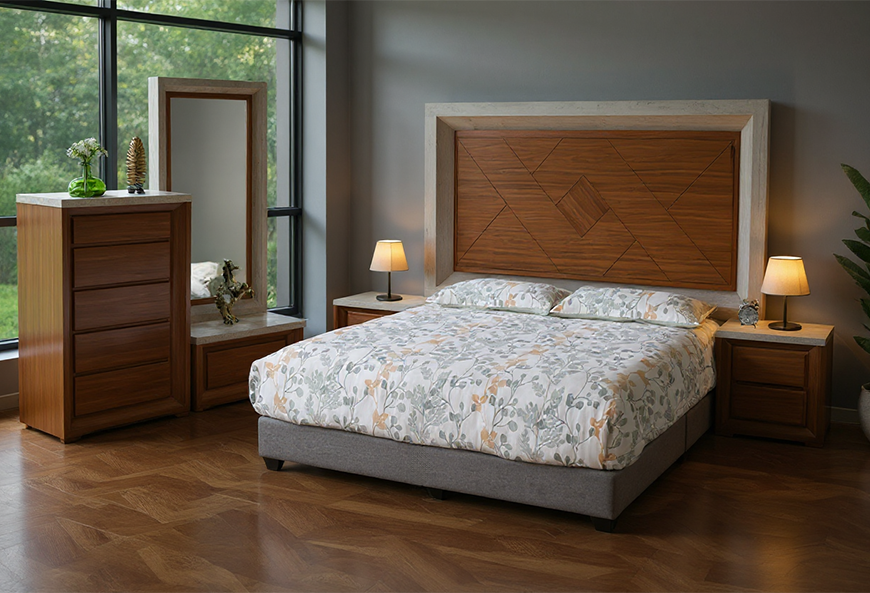 CABECERA, DOS BURÓS Y CÓMODA CON LUNA ARABIA II NOGAL CONCRETO