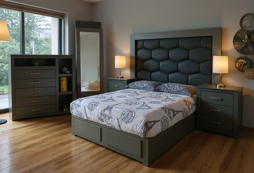 CABECERA, DOS BURÓS Y CÓMODA CON LUNA FRANCIA PLATINO