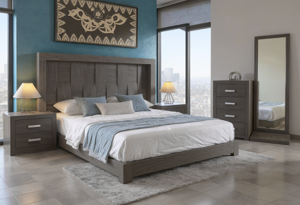 CABECERA, DOS BURÓS Y CÓMODA CON LUNA KIRA GRIS