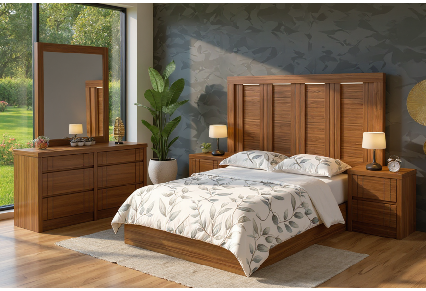 CABECERA,  DOS BURÓS Y CÓMODA CON LUNA CLEMENZA WALNUT