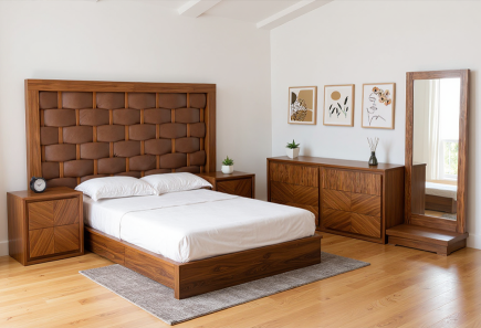 CABECERA, DOS BURÓS Y CÓMODA CON LUNA ANGERA WALNUT
