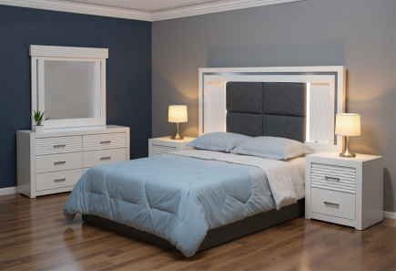 CABECERA, DOS BURÓS Y CÓMODA CON LUNA LUSAIL BLANCA
