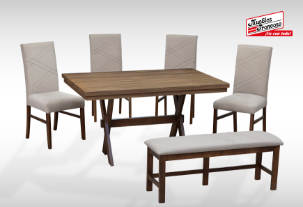 ANTECOMEDOR SILVER NOGAL CON 4 SILLAS Y BANCA RUSSEL ALPHA LATTE