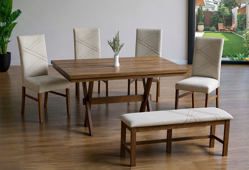 ANTECOMEDOR SILVER NOGAL CON 4 SILLAS Y BANCA RUSSEL ALPHA LATTE