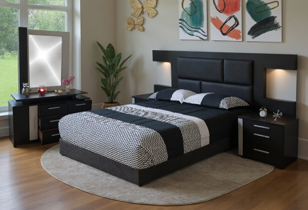 CABECERA, 2 BURÓS Y CÓMODA CON LUNA PRAGA CHOCOLATE