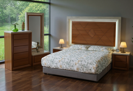 CABECERA, DOS BURÓS Y CÓMODA CON LUNA ARABIA II NOGAL CONCRETO