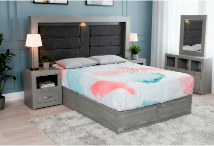 CABECERA, DOS BURÓS Y CÓMODA CON LUNA MÓNACO GRIS