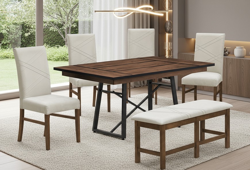 ANTECOMEDOR LAWRENCE RECTANGULAR CON 4 SILLAS Y BANCA RUSSEL ALPHA LATTE