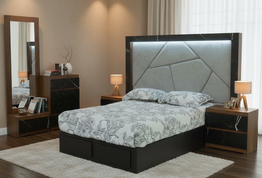 CABECERA, DOS BURÓS Y CÓMODA CON LUNA SALVATORE