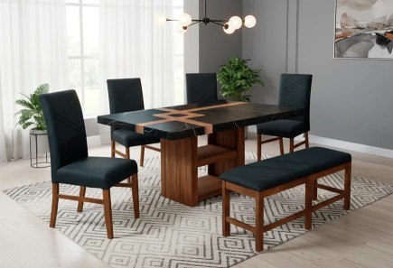 ANTECOMEDOR PARISH RECTANGULAR CON 4 SILLAS Y BANCA RUSSEL CHARCOAL