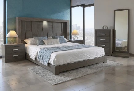 CABECERA, DOS BURÓS Y CÓMODA CON LUNA KIRA GRIS