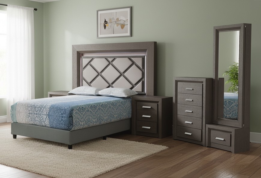 CABECERA, 2 BURÓS Y CÓMODA CON LUNA NALA GRIS