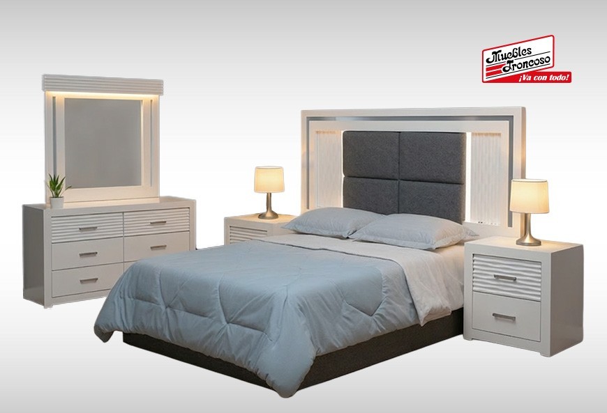 CABECERA, DOS BURÓS Y CÓMODA CON LUNA LUSAIL BLANCA