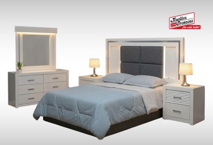 CABECERA, DOS BURÓS Y CÓMODA CON LUNA LUSAIL BLANCA