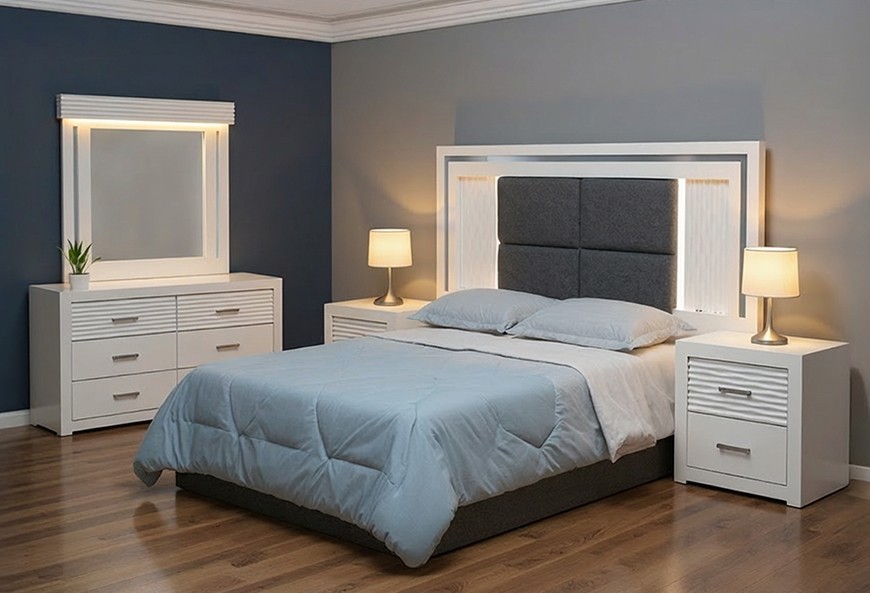CABECERA, DOS BURÓS Y CÓMODA CON LUNA LUSAIL BLANCA