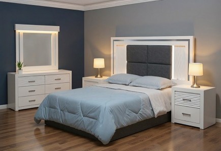 CABECERA, DOS BURÓS Y CÓMODA CON LUNA LUSAIL BLANCA