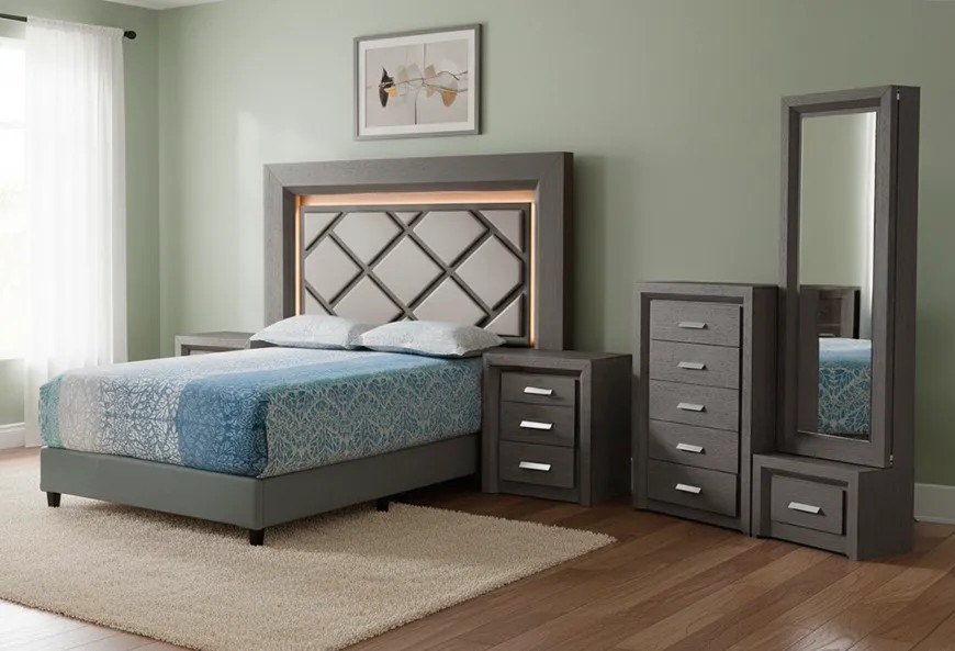 CABECERA, DOS BURÓS Y CÓMODA CON LUNA NALA GRIS