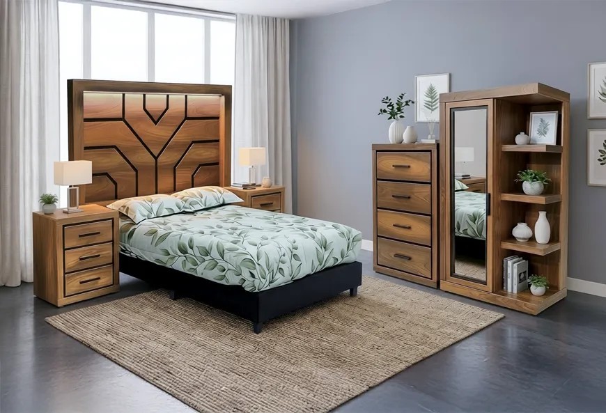 CABECERA, DOS BURÓS Y CÓMODA CON LUNA SAMBA