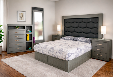 CABECERA, DOS BURÓS Y CÓMODA CON LUNA FRANCIA PLATINO