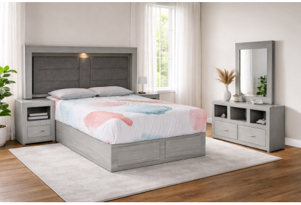 CABECERA, DOS BURÓS Y CÓMODA CON LUNA MÓNACO GRIS