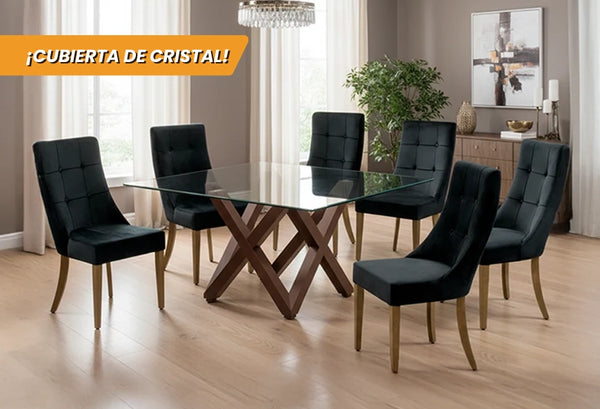 ANTECOMEDOR ENZO NOGAL CON 6 SILLAS ESPARTA VENUS BLACK