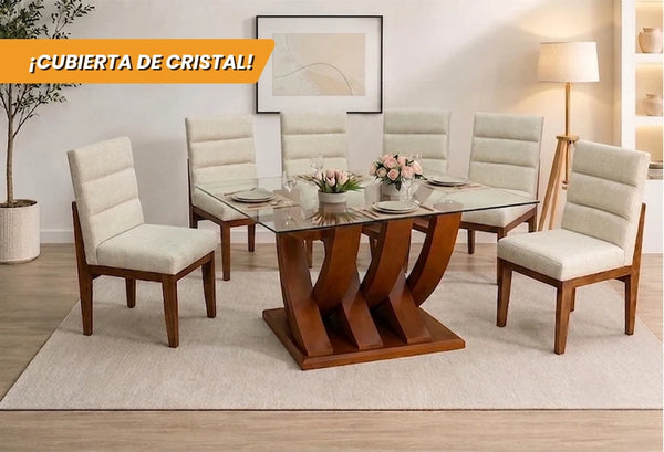 ANTECOMEDOR TAMAYO NOGAL CON 6 SILLAS KENYA AVELLANA
