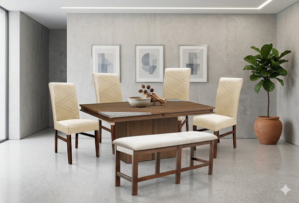 ANTECOMEDOR ARGELIA CON 4 SILLAS RUSSEL Y BANCA ALPHA LATTE